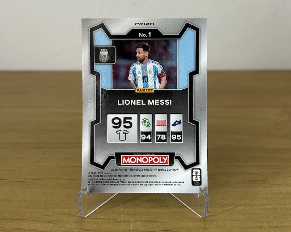 Reverso de la carta Lionel Messi Mojo Hat Trick SSP Panini Prizm Monopoly 2026