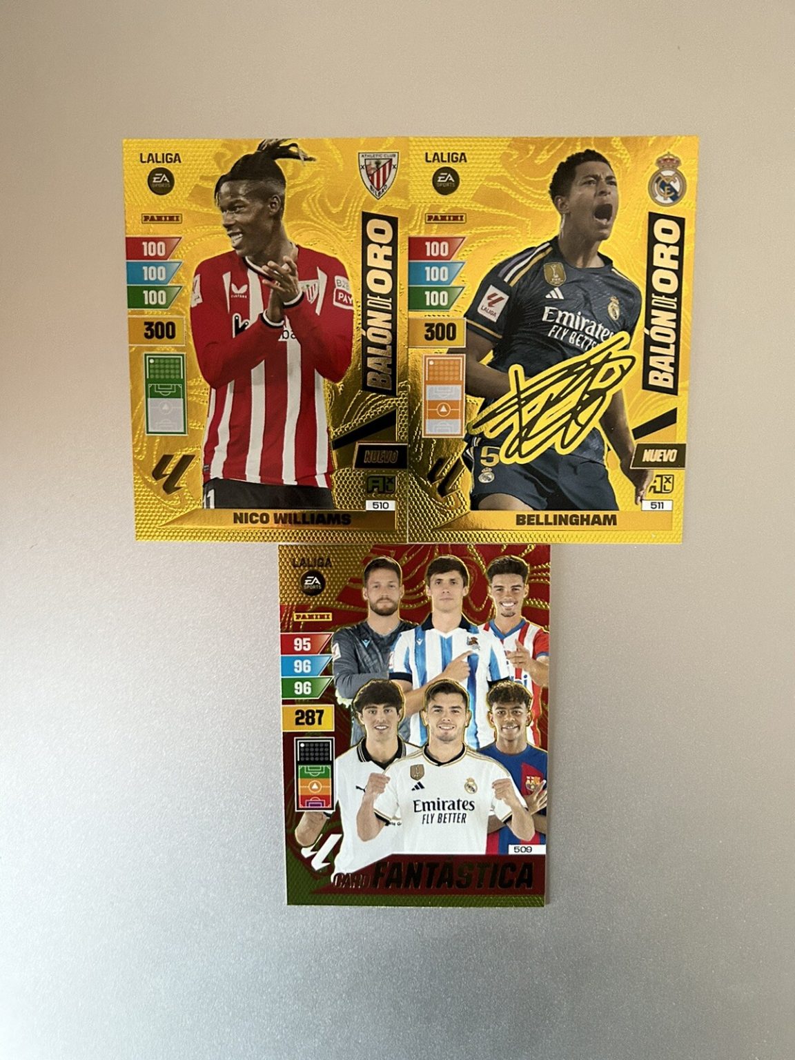 Cartas autógrafo Fantástica Balón de Oro Bellingham Nico Williams Adrenalyn XL 2023-24