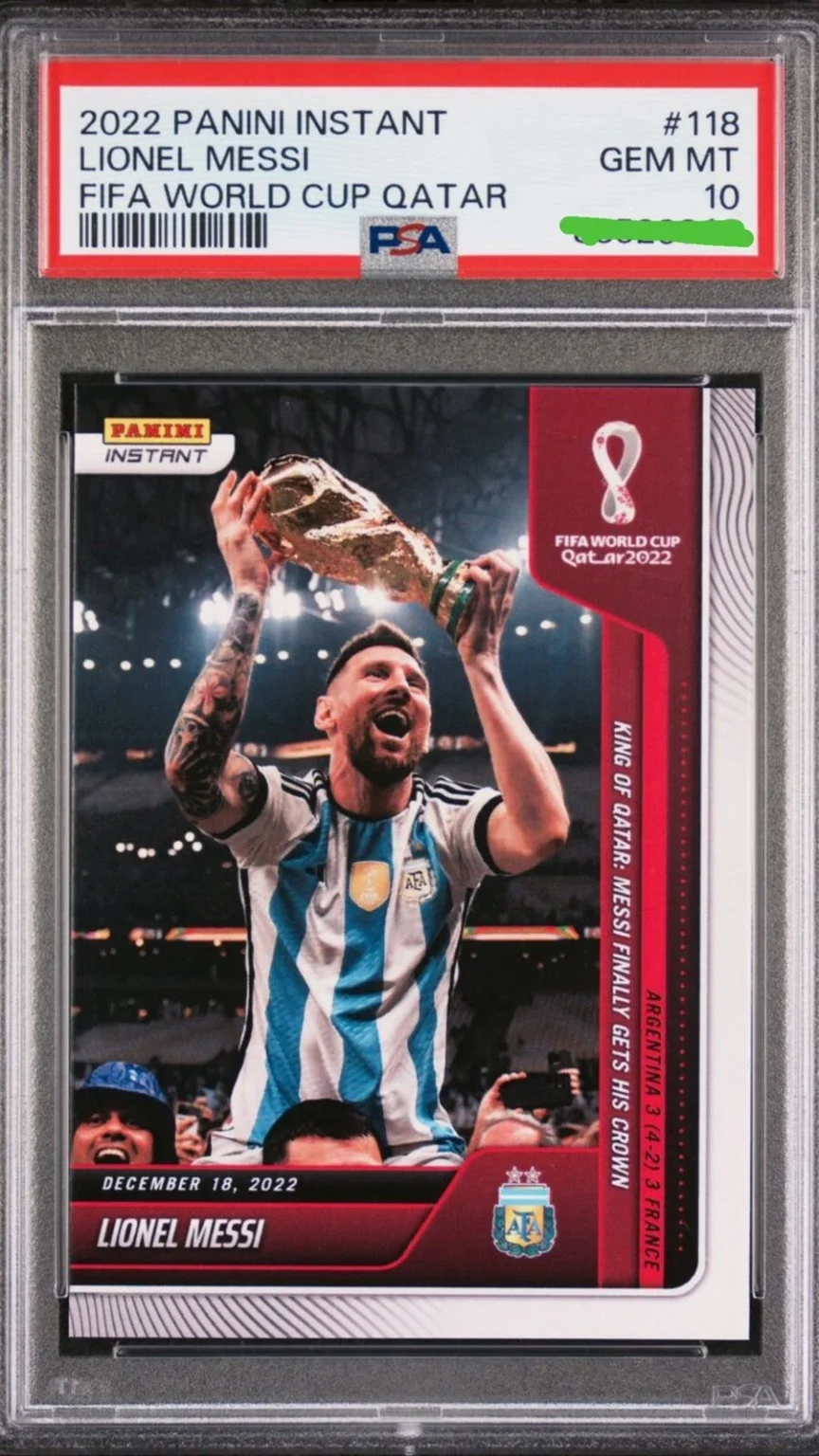 Carta Lionel Messi 118 King of Qatar PSA 10 GEM MT Panini Instant 2022 frontal