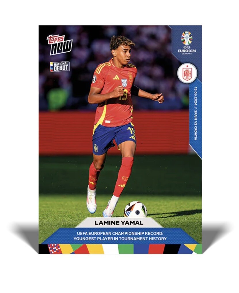 Carta Lamine Yamal rookie Topps Now 5 jugador más joven España EURO 2024 sin graduar