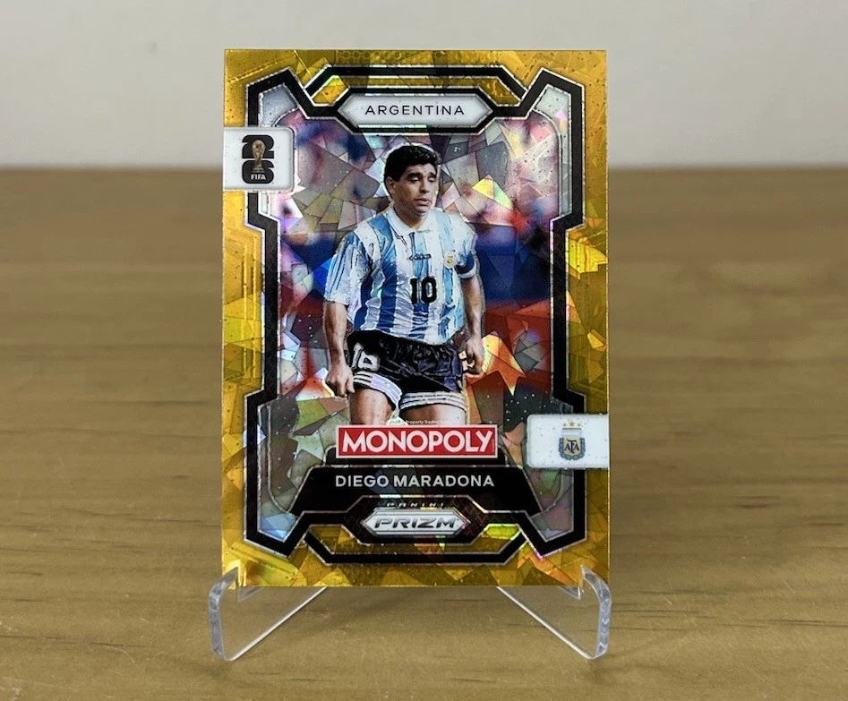 Carta Diego Maradona Gold Cracked Ice Panini Prizm Monopoly FIFA World Cup 2026