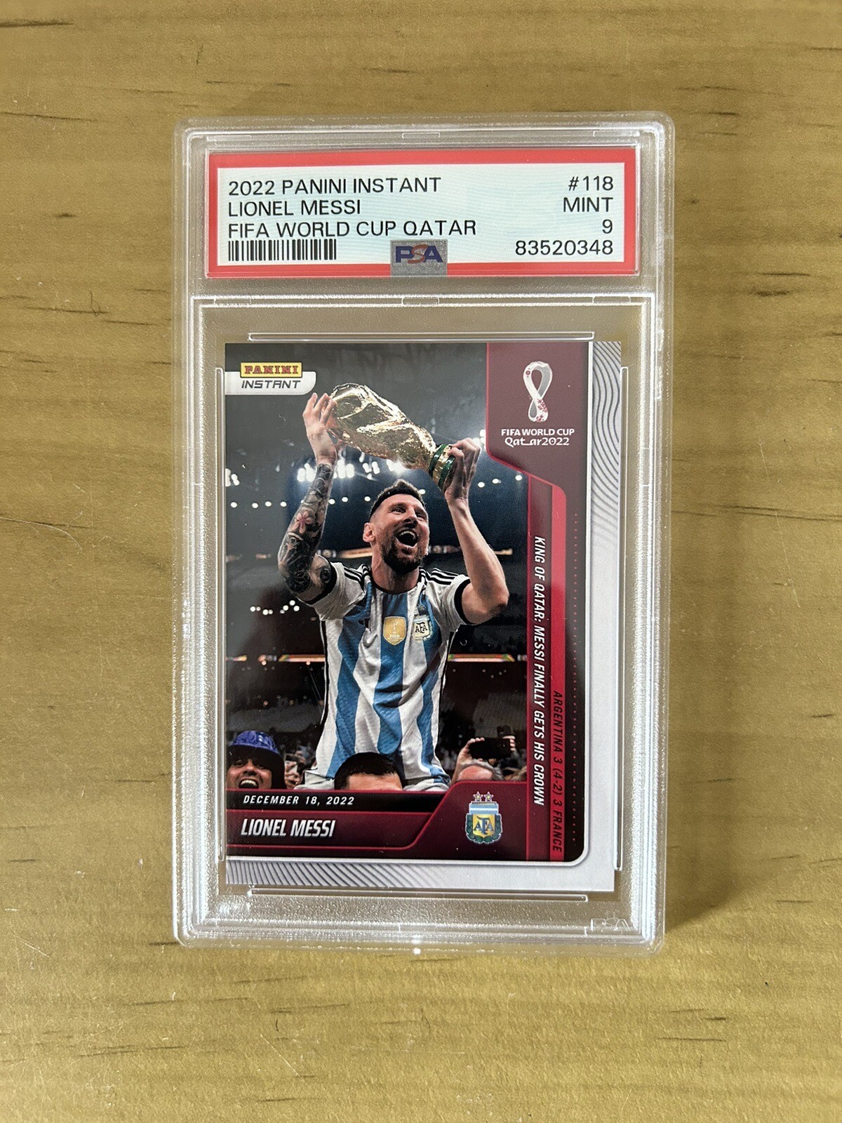 Carta Lionel Messi 118 King of Qatar PSA 9 MINT Panini Instant 2022