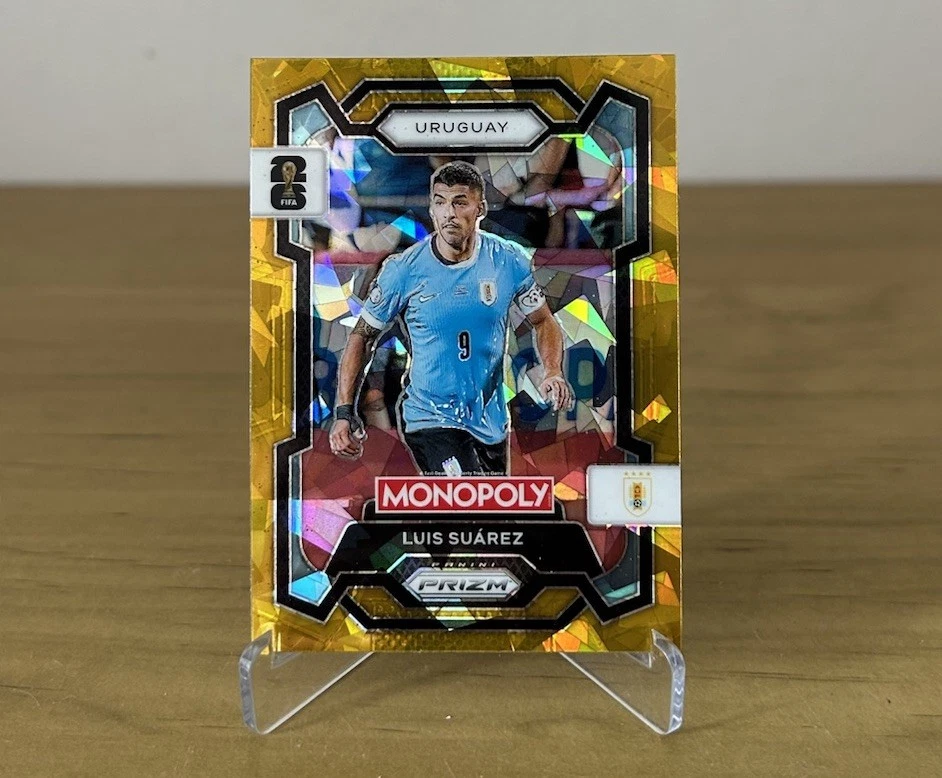 Carta Luis Suárez Gold Cracked Ice Panini Prizm Monopoly FIFA World Cup 2026