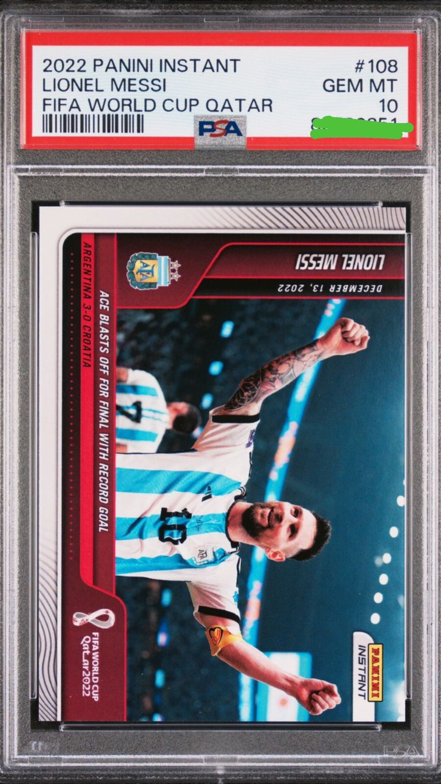Carta Lionel Messi 108 PSA 10 GEM MT Panini Instant FIFA World Cup Qatar 2022