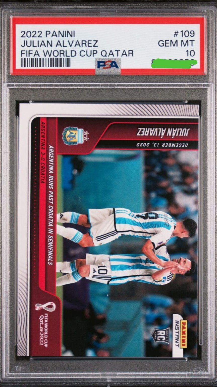 Carta Julián Álvarez 109 PSA 10 GEM MT Panini Instant FIFA World Cup Qatar 2022