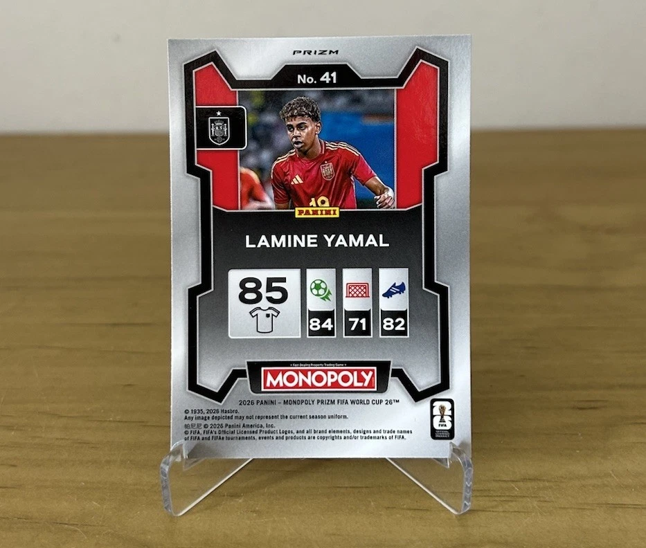 Reverso de la carta Lamine Yamal Gold Cracked Ice Panini Prizm Monopoly 2026